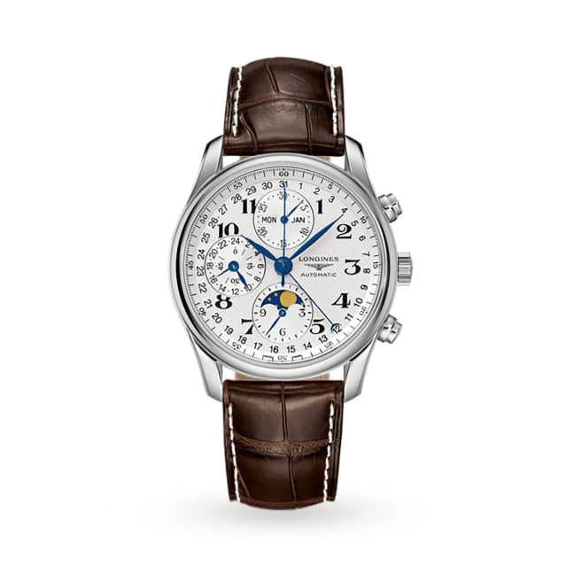 Longines Master Collection 40mm Chronograph With Moon Phase Mens Watch in silver|gray Crocodile from WatchesOfSwitzerland, photo 1 of 1