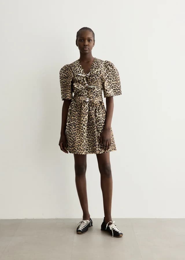 Ganni Printed Stretch Cotton Mini Tie Strap Dress in Leopard 943, image 1 of 1 from Incu