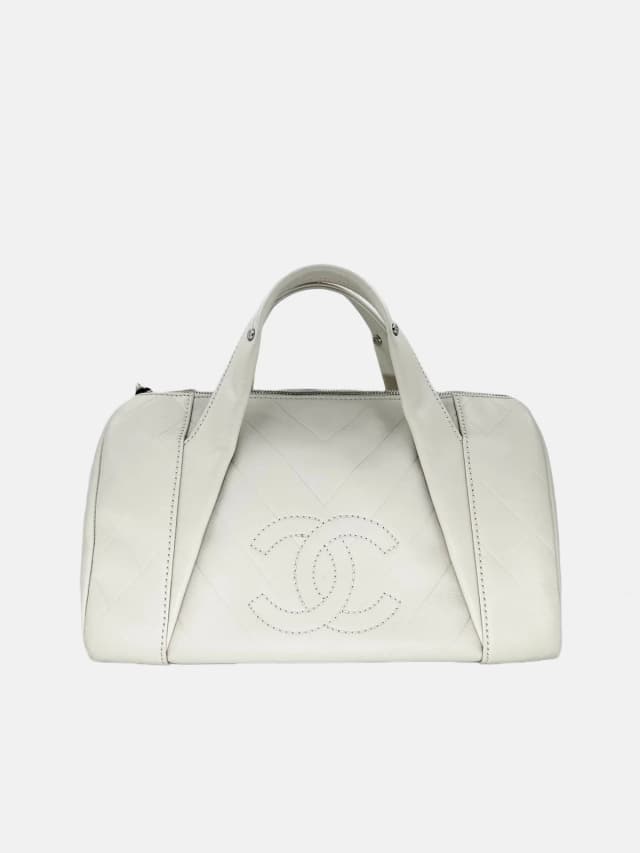 Chanel Cream Calfskin Chevron Boston Bowler Bag in White Calfskin from SparklesnDreams, photo 1 of 1