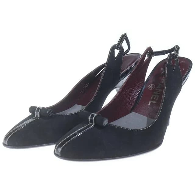 Chanel CC Logo Suede Leather Heels Slingback Pumps Shoes Black in Black Suede from The Reluxe, photo 1 of 1