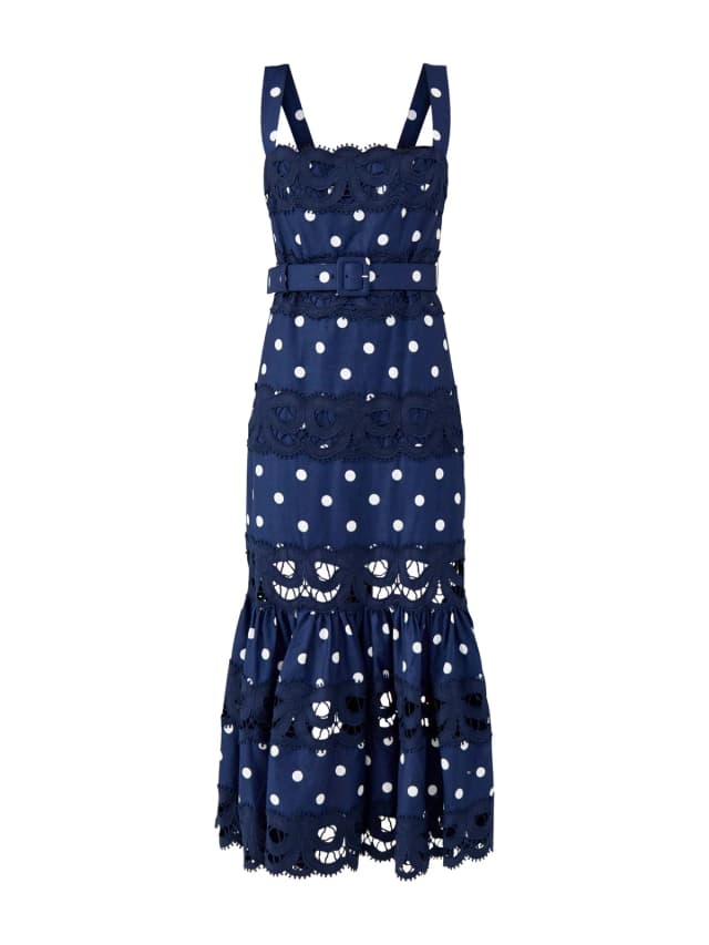 Self-Portrait Navy Polka Dot Linen Midi Dress in Navy, image 1 of 1 from Fenwick