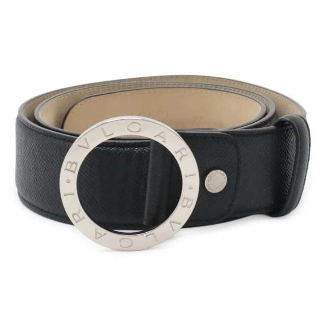 Bvlgari Belt Round Logo Buckle Gray Leather Black Silver 110 Actual 87.5 Cut in Black Leather from The Reluxe, photo 1 of 1