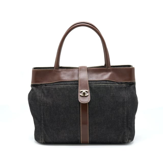 Chanel Vintage Denim Tote Bag Dark Blue/ Brown Ruthenium Sliver Hardware in Brown Denim from EMIER, photo 1 of 1