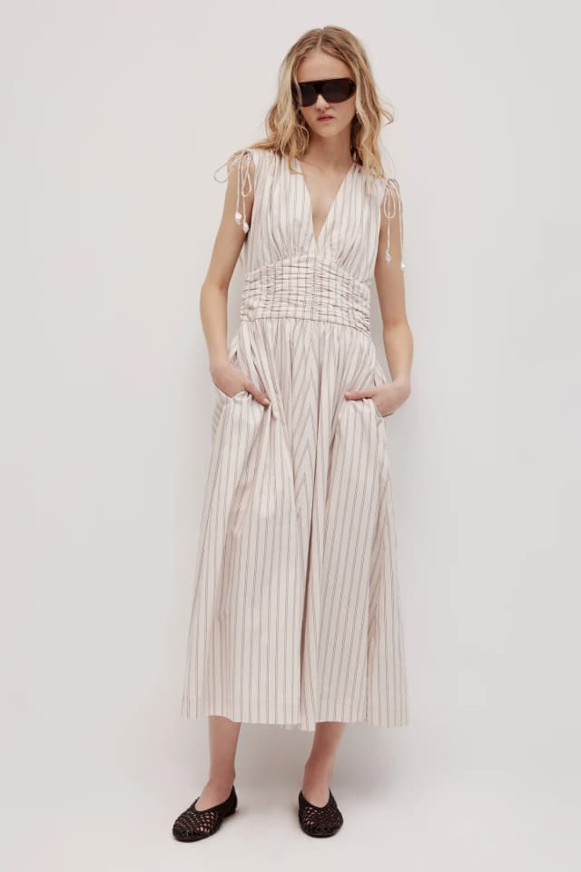 Aje Studio Laure Midi Dress in STONE STRIPE, image 1 of 1 from Aje