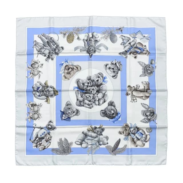 Hermès Scarf Carre 90 Friends of the Heart Teddy Bear Blue White Confidents in White Silk from The Reluxe, photo 1 of 1