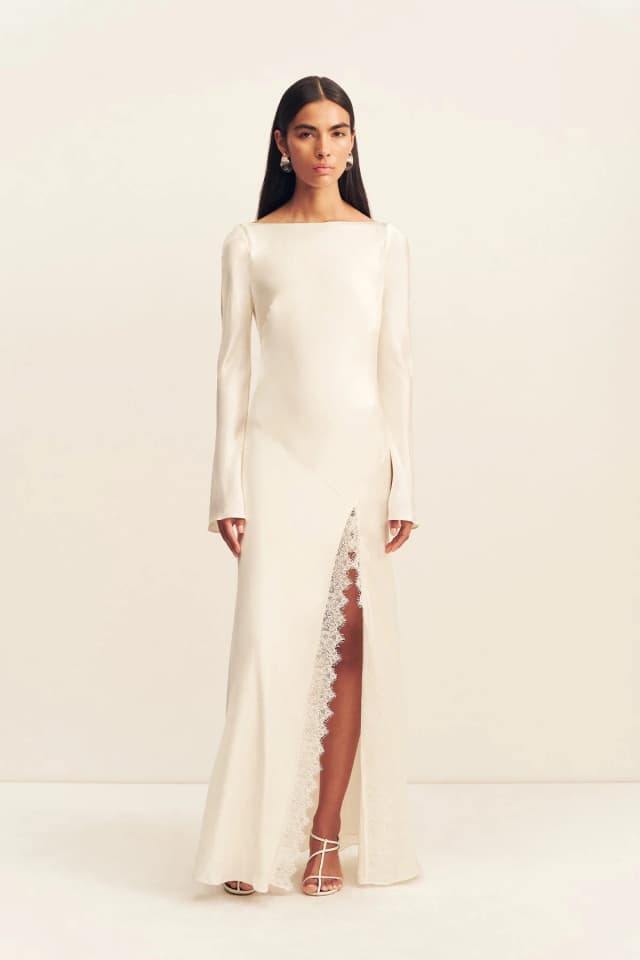 Shona Joy LA LUNE CUMULUS SILK BACKLESS LACE SPLIT MAXI DRESS - IVORY, image 1 of 1 from Shona Joy