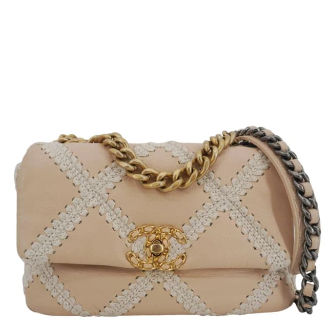 CHANEL 19 Flap Medium Calfskin Crochet Shoulder Bag Beige in Beige Calfskin from Dallas Designer Handbags, photo 1 of 1