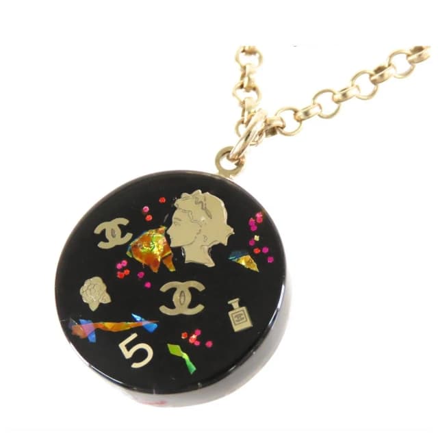 Chanel 06A CC Logo Icon Pendant Gold Black Metal Plastic Camellia Necklace in Black from The Reluxe, photo 1 of 1
