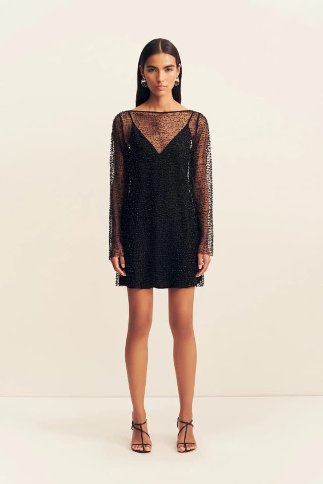 Shona Joy MONA BEADED LONG SLEEVE MINI DRESS - BLACK, image 1 of 1 from Shona Joy