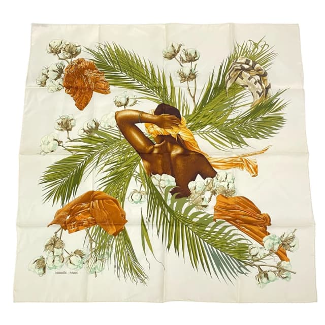 Hermès Scarf Carre 90 Silk Turbans Des Reines Princess Turban Flower Leaves in Silk from The Reluxe, photo 1 of 1