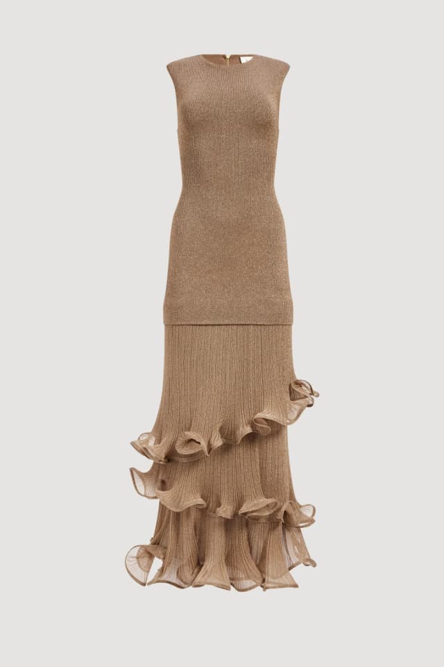 AJE Ciela Ruffle Knit Maxi Dress in BURNISHED GOLD, image 1 of 1 from Aje