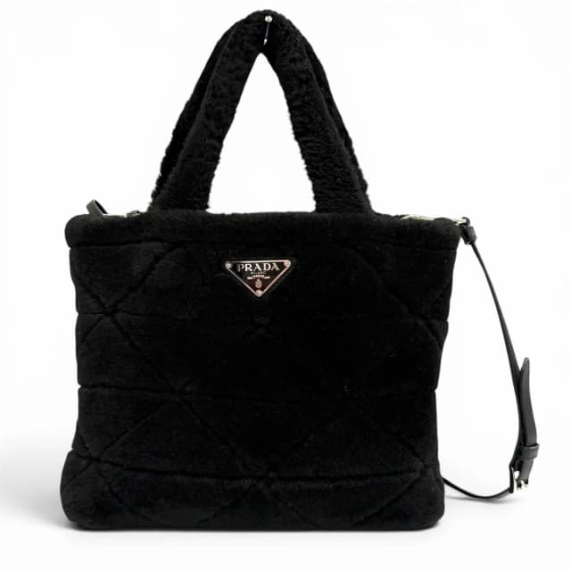 Prada Triangle Logo 2-Way Shearling Fur Shoulder Bag Black in Black from The Reluxe, photo 1 of 1