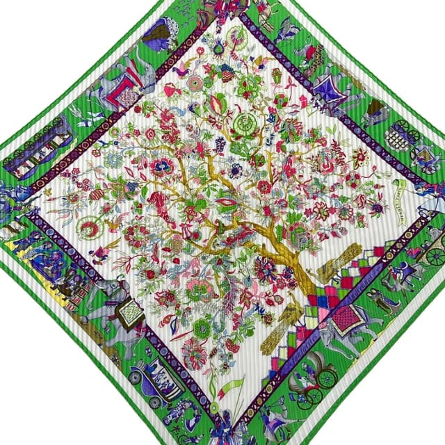 Hermès Scarf Carre Plisse Green White Fantaisies Indiennes in White from The Reluxe, photo 1 of 1
