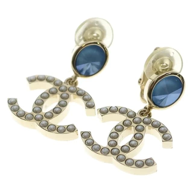 Chanel CC Logo Faux Pearl Blue Stone Earrings Gold White in White from The Reluxe, photo 1 of 1