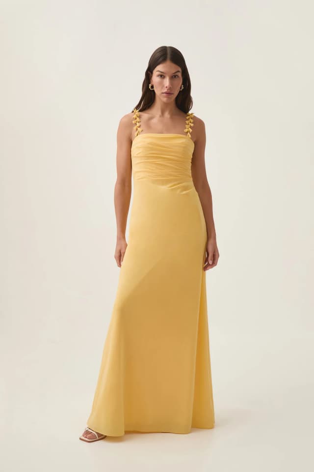 AJE Soulful Pom Pom Midi Dress in SOFT YELLOW, image 1 of 1 from Aje