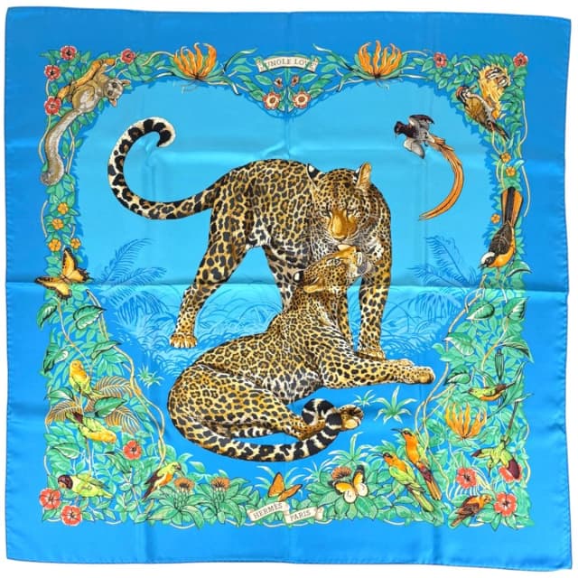 Hermès Carre 90 Jungle Love Scarf Leopard Print Silk Blue Multicolor in Blue Silk from The Reluxe, photo 1 of 1