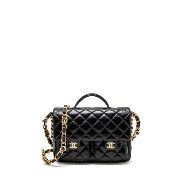 Chanel Double pocket top handle messanger bag shiny calfskin black GHW (microchip) in Black Calfskin from EMIER, photo 1 of 1