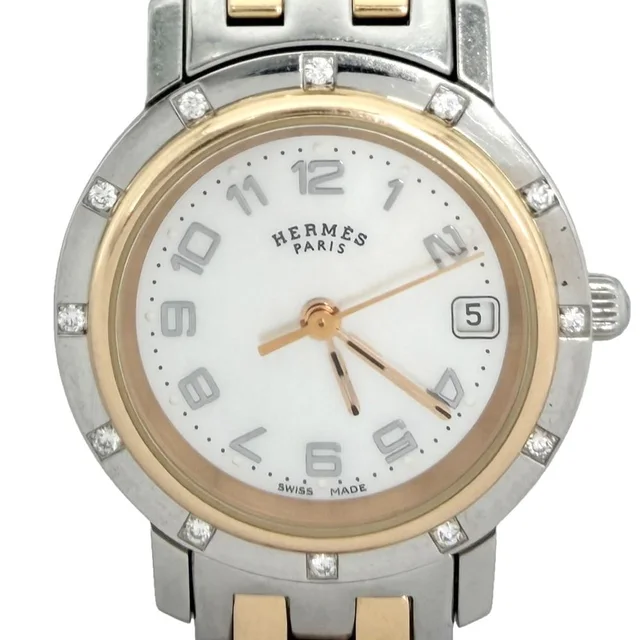 Hermès Watch Clipper Cles Motif Date Combo SS Battery Powered White Shell Dial in White from The Reluxe, photo 1 of 1