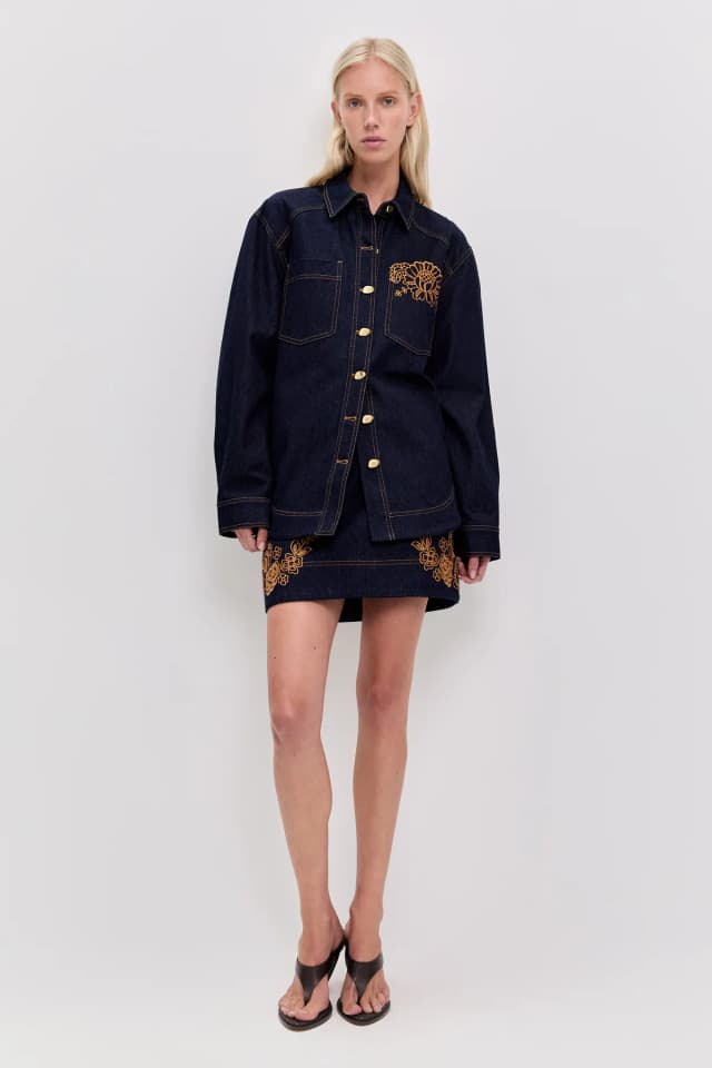 AJE Elora Embroidered Denim Shirt in INDIGO, image 1 of 1 from Aje