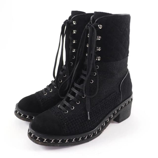 Chanel Suede Leather CC Logo Quilted Combat Boots Short in Suede from The Reluxe, photo 1 of 1