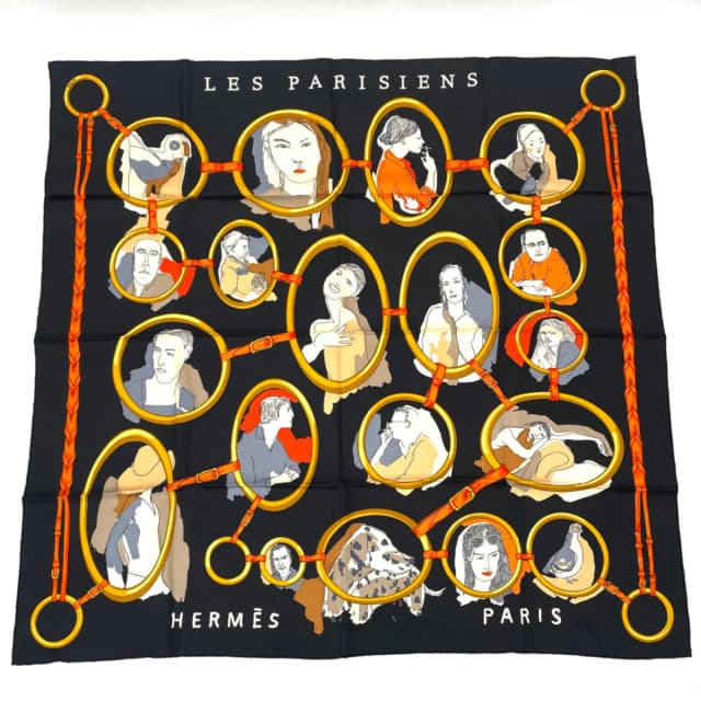 Hermès Carre 90 Scarf Silk Les Parisiens Black Gold in Black Silk from The Reluxe, photo 1 of 1