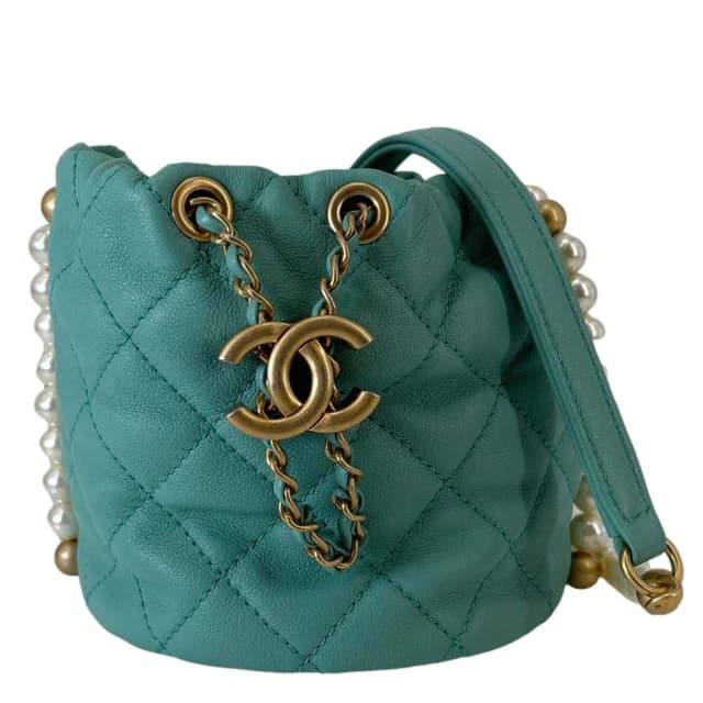 Chanel About Pearls Quilted Calfskin Leather Drawstring Bucket Bag Teal in Blue Calfskin from Dallas Designer Handbags, photo 1 of 1