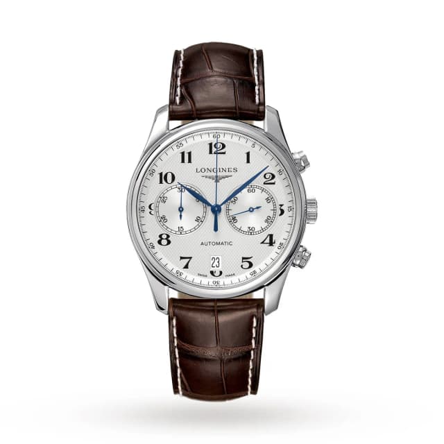 Longines Master Collection 40mm Automatic Chronograph Mens Watch in silver|gray Leather from WatchesOfSwitzerland, photo 1 of 1