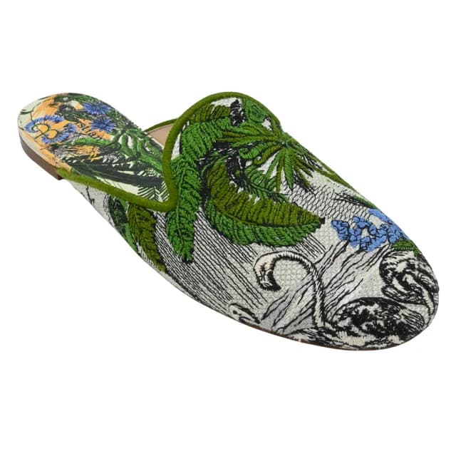Dior Green Toile de Jouy Tropical Embroidered Mules in Green from Clotheshorse Anonymous, photo 1 of 1