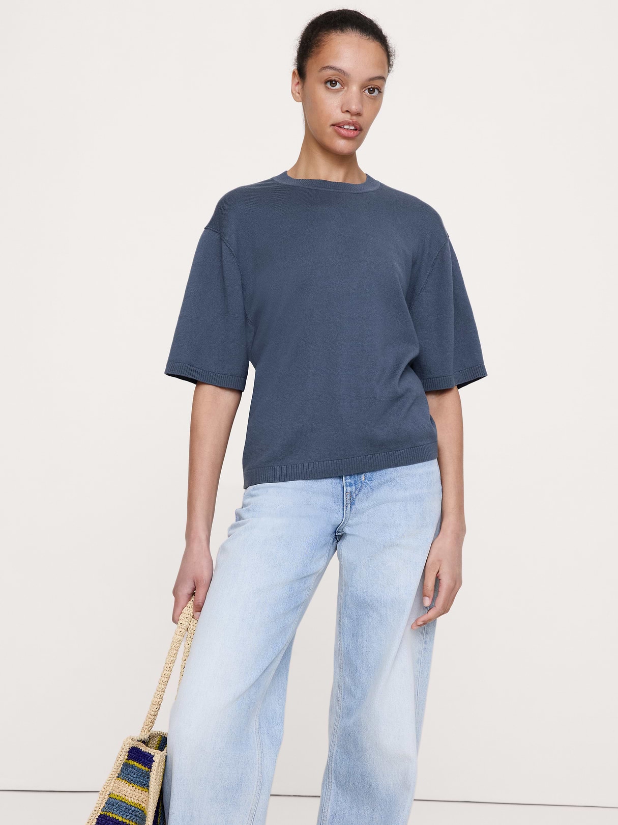Banana Republic Larkspur Cotton-Silk Sweater Tee in Dark Denim Blue, image 1 of 1 from Banana Republic (US)