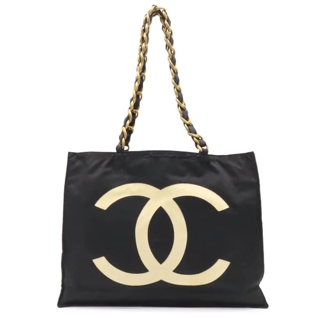 Chanel CC Logo Chain Tote Large Shoulder Bag Nylon Canvas Black White Gold in Black Canvas from The Reluxe, photo 1 of 1