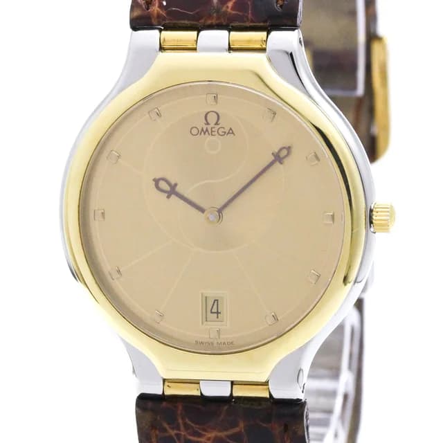 Omega De Ville Symbol K18 Gold Steel Leather Quartz Watch 396.1016 in Gold Leather from Elady, photo 1 of 1