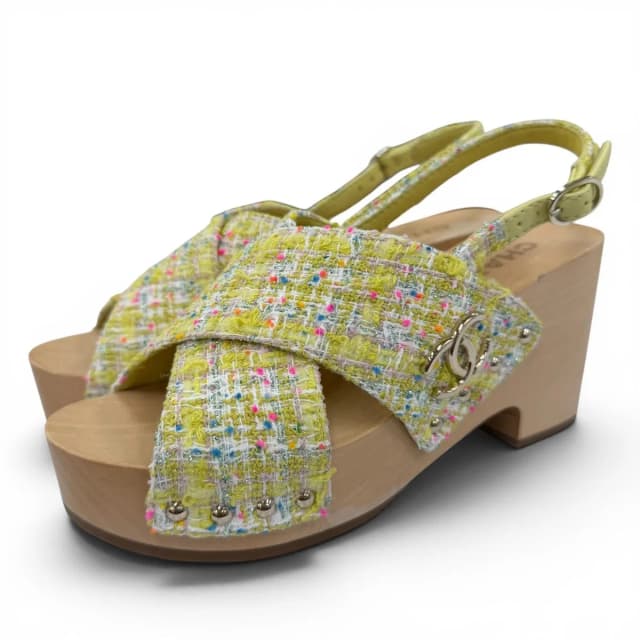 Chanel CC Logo Backstrap Tweed Wedge Sole Sandals Yellow in Yellow Tweed from The Reluxe, photo 1 of 1