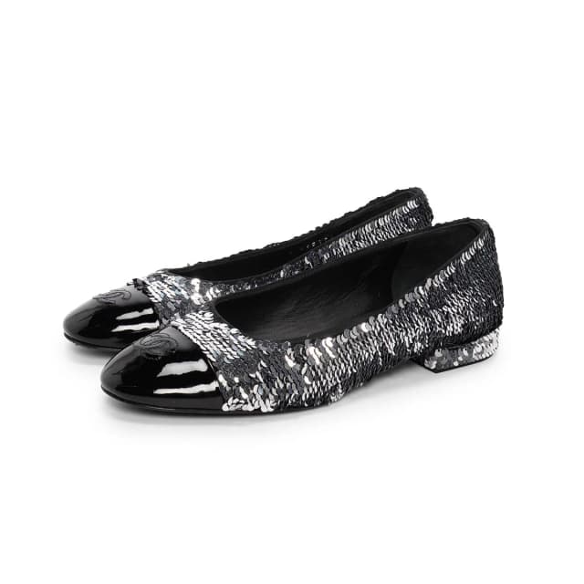 Chanel Sequin Encrusted CC Ballerina Flats 37.5 in Black & Silver from Blue Spinach, photo 1 of 1