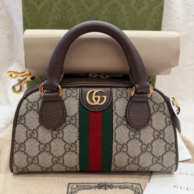 Gucci Beige/Dark Brown GG Monogram Mini Ophidia Top Handle/Bowler Bag (New) in Brown Coated canvas from SparklesnDreams, photo 1 of 1