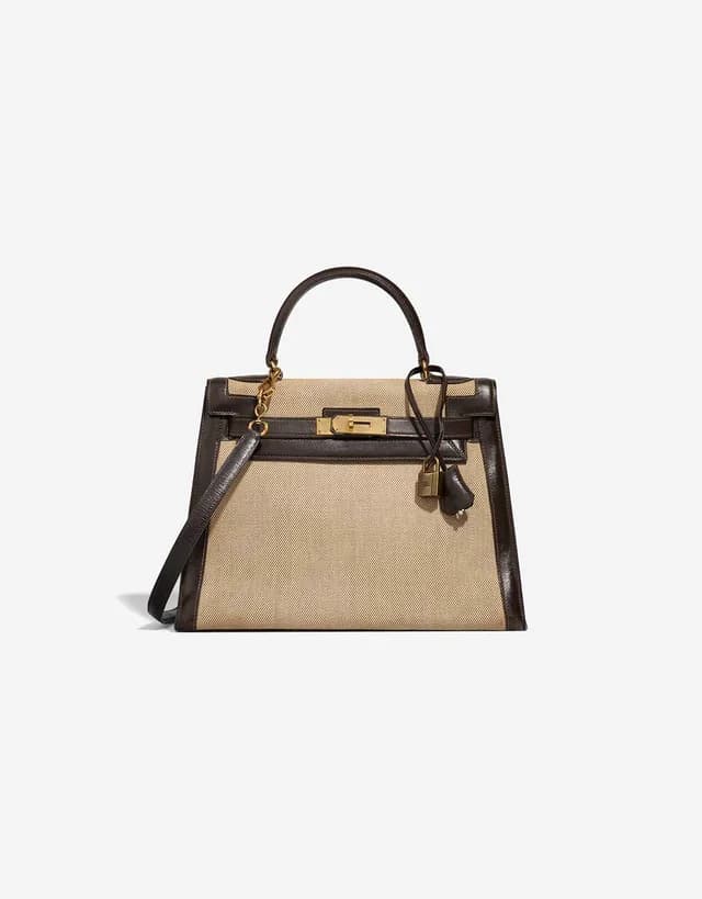 Hermès Kelly 28 Toile / Box Chocolat / Écru in Brown, Multicolour, White Box leather from SACLÀB, photo 1 of 1