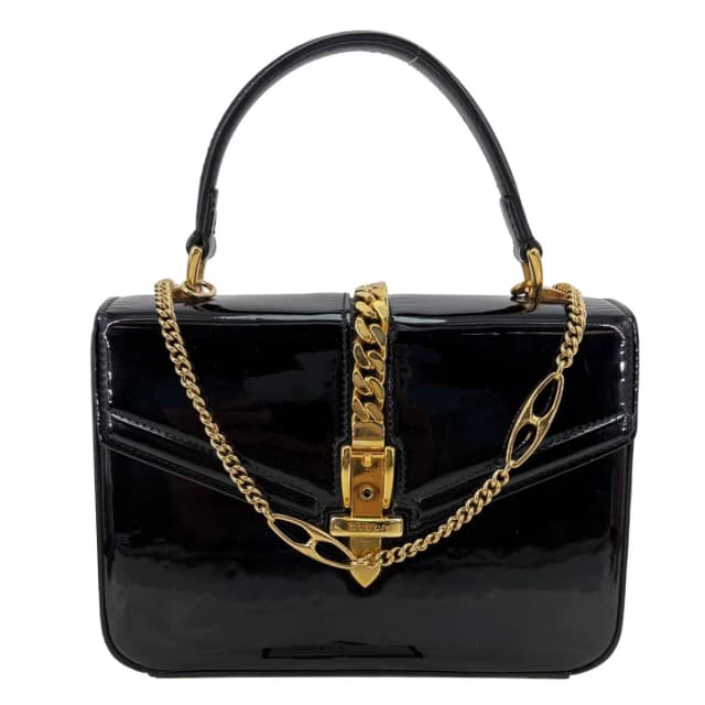 Gucci Sylvie 1969 Mini Patent Leather Top Handle Shoulder Bag Black 589479 in Black Patent leather from Dallas Designer Handbags, photo 1 of 1