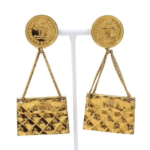 Chanel Bag Motif Quilted CC Logo Vintage Gold Plated 23 Earrings in Gold from The Reluxe, photo 1 of 1