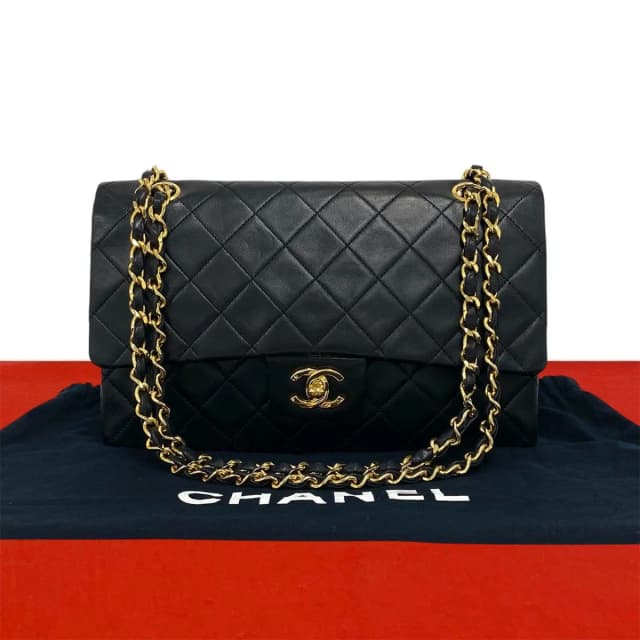 Chanel Vintage Quilted Double Flap Lambskin Chain Shoulder Bag Black in Black Lambskin from The Reluxe, photo 1 of 1
