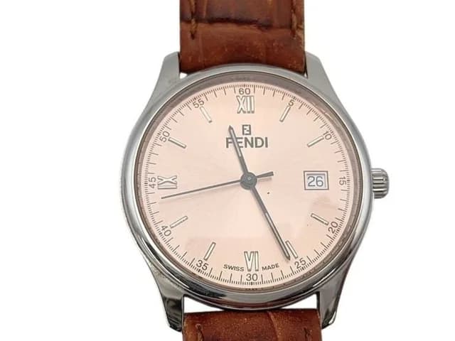 Fendi Watch Olologi Pink Dial Silver Brown Stainless Steel Leather in Brown Leather from The Reluxe, photo 1 of 1