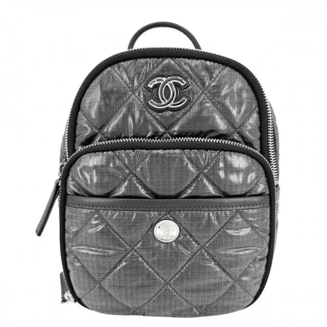 Chanel Quilted Coco Neige Chain Shoulder Lame Backpack CC Logo Nylon Gray Silver in Grey Nylon from The Reluxe, photo 1 of 1