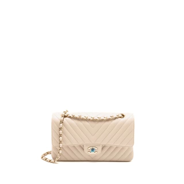 Chanel Medium Classic Double Flap Bag Chevron Caviar Light Beige LGHW in Beige Caviar leather from EMIER, photo 1 of 1