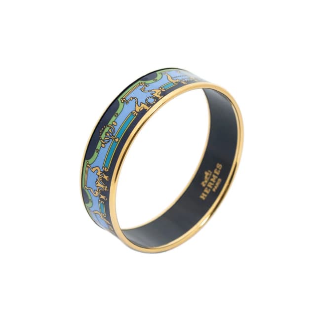 Hermès Enamel Bangle Navy Green Gold Print Motif Bracelet in Navy from The Reluxe, photo 1 of 1