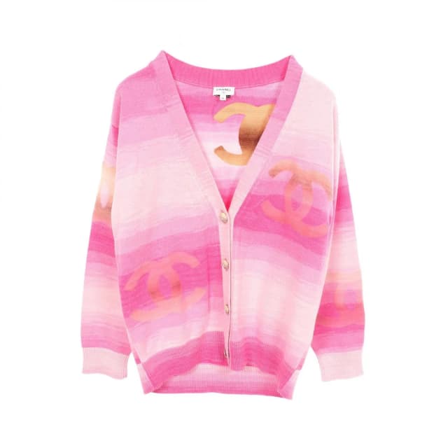 Chanel Cardigan CC Logo Neck Pink Cotton Cashmere Big Button in Pink Cashmere from The Reluxe, photo 1 of 1