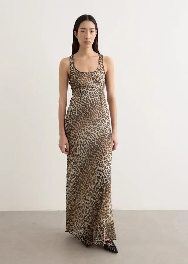 Ganni Printed Viscose Chiffon Maxi Dress in 943 Leopard, image 1 of 1 from Incu