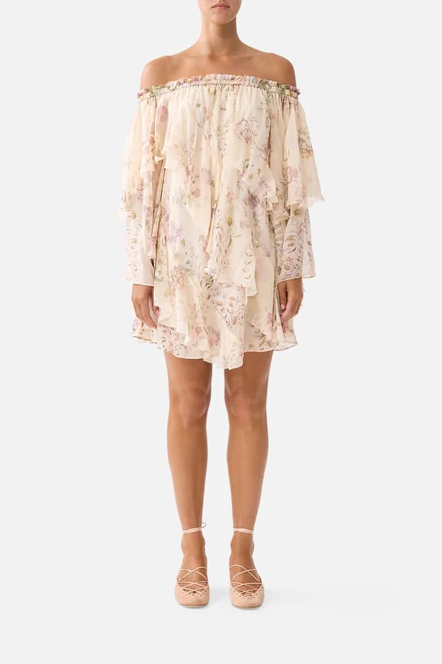 Camilla eBoutique OFF SHOULDER ASSYMETRIC RUFFLE DRESS ADORNED IN ARANJUEZ, image 1 of 1 from CAMILLA