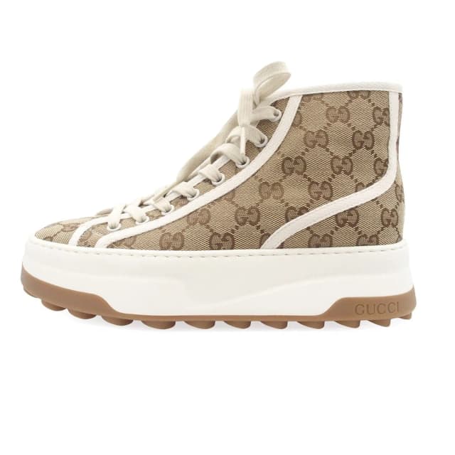 Gucci Tennis Beige Canvas Leather High Cut Sneakers in Beige Canvas from The Reluxe, photo 1 of 1