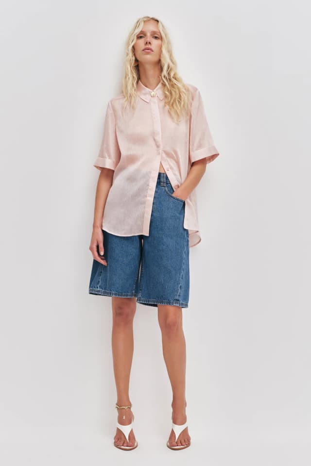 AJE Stevie Denim Barrel Shorts in MID WASH BLUE, image 1 of 1 from Aje