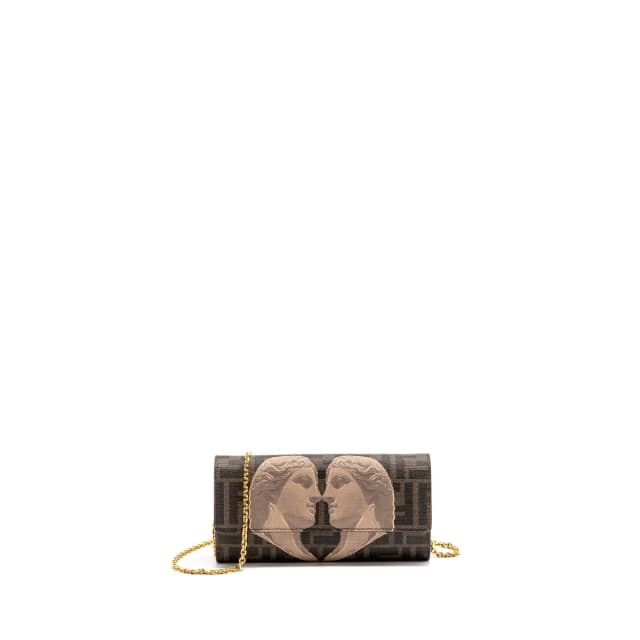 Fendi Continental Wallet on Chain FF Fabric/Calfskin Tobacco Brown/Beige GHW in Brown Calfskin from EMIER, photo 1 of 1