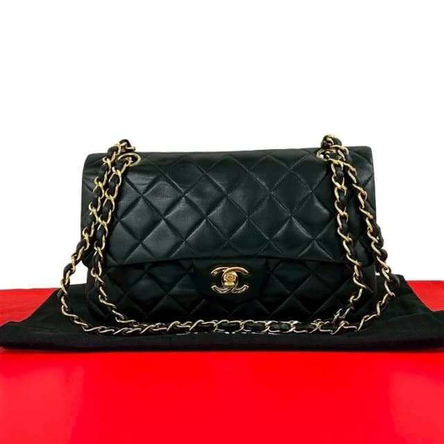 Chanel And No. 5 Vintage Quilted Double Flap Lambskin Leather Shoulder Bag Black in Black Lambskin from The Reluxe, photo 1 of 1
