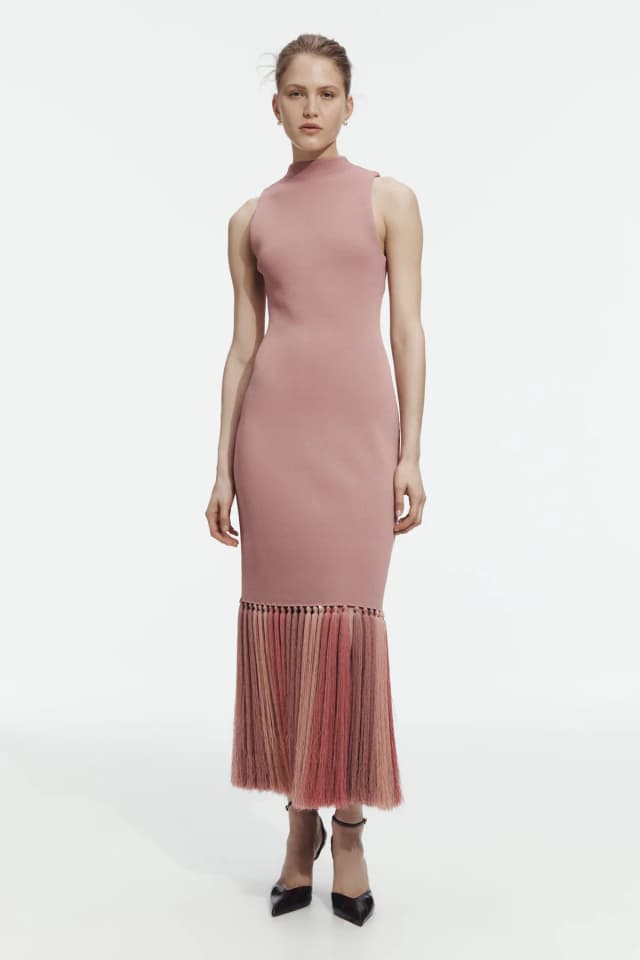 AJE Sofina Knit Tassel Midi Dress in DUSTY ROSE, image 1 of 1 from Aje